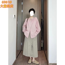 批发日系复古圆领粉色长袖衬衫女春秋慵懒宽松小个子休闲气质衬衣上衣