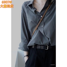 批发Z法式高级感灰色长袖衬衫女春夏季复古薄款宽松通勤衬衣气质上衣