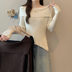 批发实拍大码女装秋冬款胖mm韩版百搭不规则设计感一字肩针织毛衣上衣