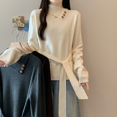 批发实拍大码女装秋冬新款胖mm韩版设计感小翻领系带收腰显瘦针织毛衣