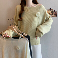 批发实拍大码女装春夏款胖mm韩式斜肩立体花<b class='q'>长袖</b>防晒<b class='q'>针织衫</b>吊带两件套