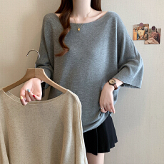 批发实拍大码女装<b class='q'>夏</b>装新款胖mm气质一字肩蝙蝠袖宽松显瘦抗起球针织衫