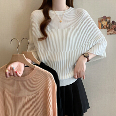 批发实拍大码女装<b class='q'>夏</b>装新款胖mm气质温柔风斗篷式蝙蝠袖收腰显瘦针织衫