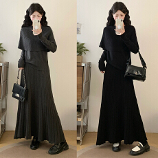 批发实拍大码女装秋冬新款胖mm韩系披肩斗篷假两件毛衣<b class='q'>半身</b>裙两件套装