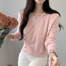 设计感假两件两粒扣开叉斜襟仿貂毛水貂绒毛衣