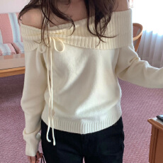 早春新款~设计感法式甜美露肩吊带蝴蝶结针织衫毛衣