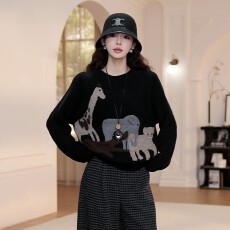 批发已出货动物绣花圆领套头毛衣女秋冬新款宽松显瘦时尚长袖针织衫