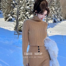 批发慵懒风针织套装女<b class='q'>冬</b>季2025韩系辣妹高领长袖毛衣百搭半身裙两件套