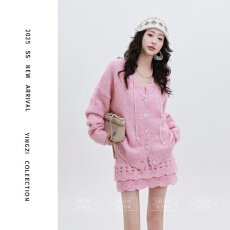 批发颖子定制日落唱片针织花边开衫毛衣女秋冬季高腰<b class='q'>短裙</b>两件套装