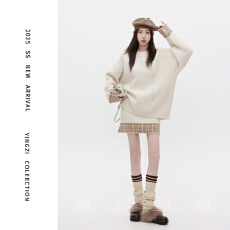 批发颖子定制【暮色漫游】复古撞色圆领毛衣女秋冬季高腰短裙两件套装