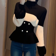 批发温柔小香风黑白撞色半高领荷叶边长袖<b class='q'>毛</b>衣针织<b class='q'>衫</b>女秋冬款修身上衣