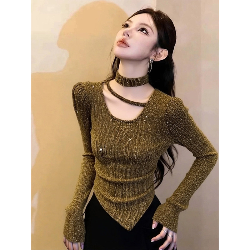 프랑스식 꼬집기 허리 슬림해 보이는 불규칙 광택 실 기본 셔츠 여성 인사이드 가져 가라. 디자인 센스 몸매 가꾸기 긍정적 인 어깨 긴팔 맨위 가을 겨울