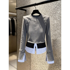 批发独特小众假两件撞色拼接打底衫女内搭秋冬设计感开叉喇叭<b class='q'>长袖</b>上衣