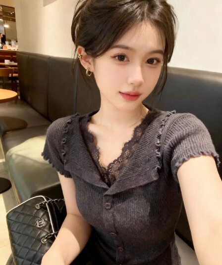 회색 레이스 레이스 패치워크 폴로 칼라 프릴 몸매 가꾸기 반팔 티셔츠 여성 여름 2026 슈퍼 화재 연령 감소 맨위