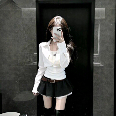 批发修身显瘦白色假两件上衣女2026春季气质翻领长袖衬衫半身裙两件套