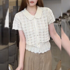 批发娃娃领镂空短袖针织衫女夏季薄款<b class='q'>开衫</b>2026年新款韩系独特<b class='q'>短款</b>上衣