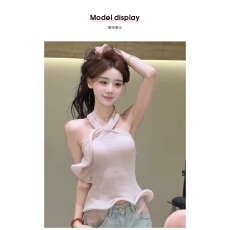 批发XUAN璇璇【柔雾粉调】法式挂脖绑带露背立体波浪荷叶边挂脖上衣