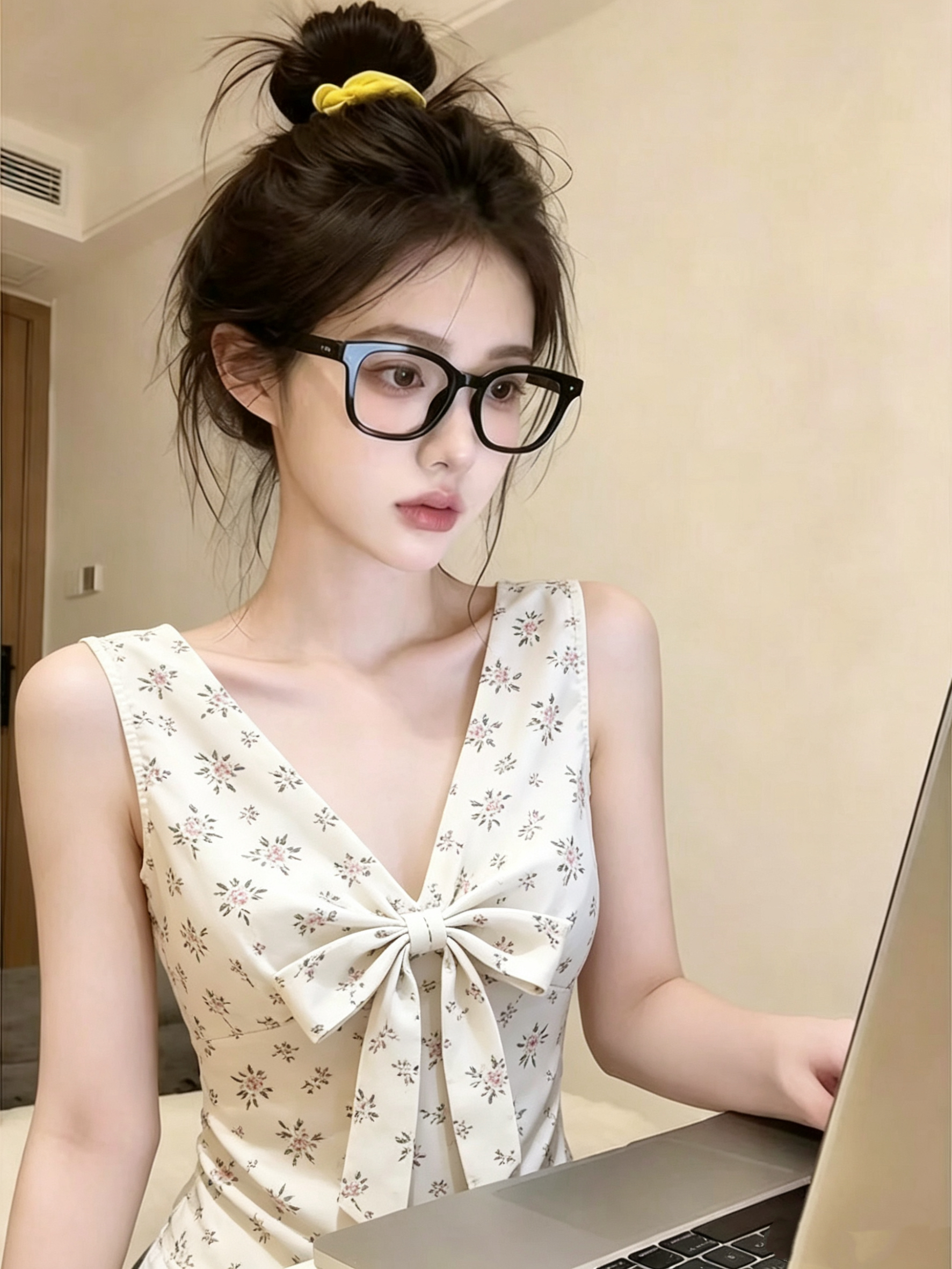 프랑스식 부드러운 바람 나비 매듭 꽃무늬 V넥 민소매 조끼 여성 여름 새로운 슬림해 보이는 핫걸 다용도 맨위 트렌디