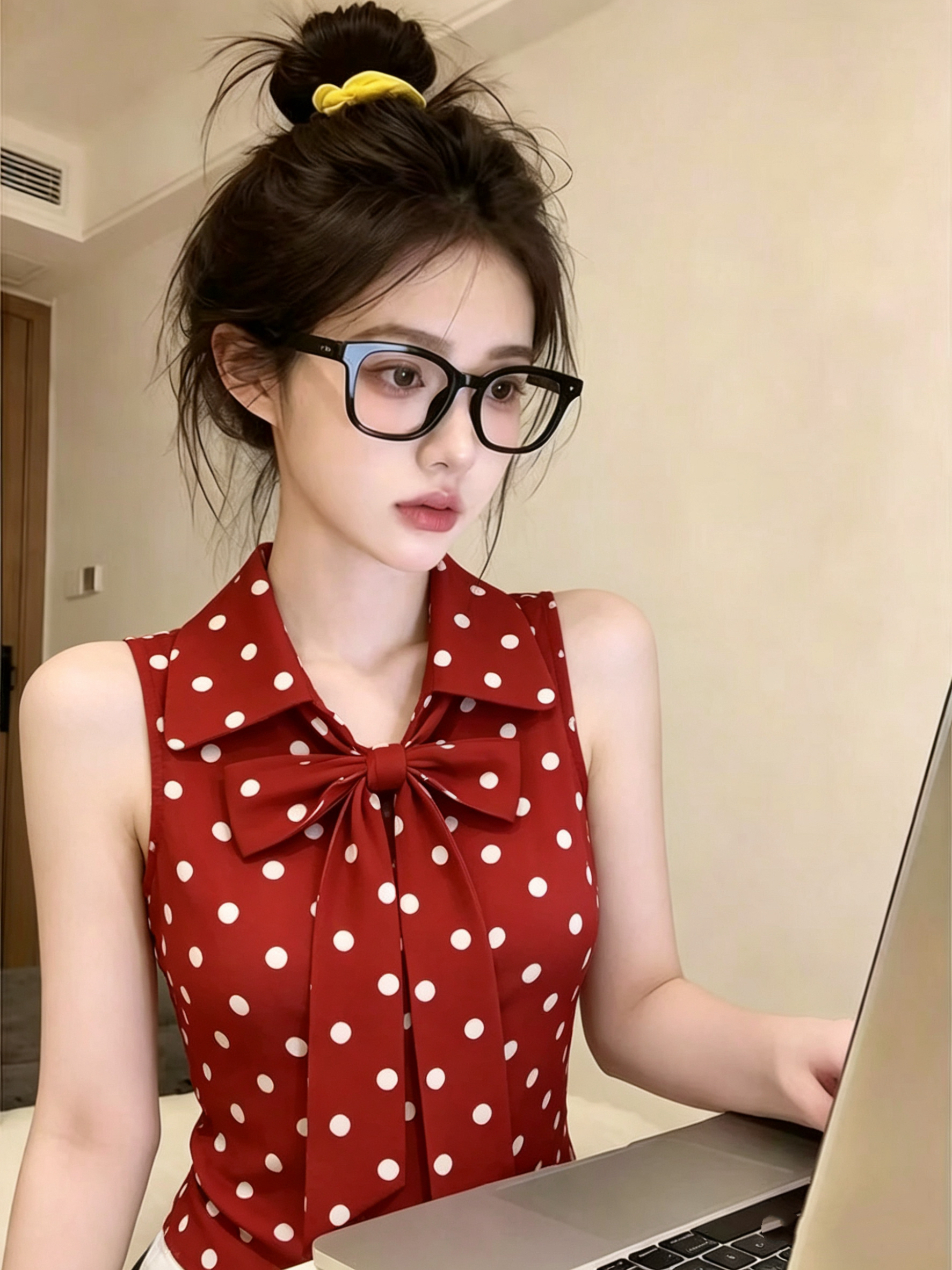 레트로 연인 빨간색 도트 무늬 민소매 여성 셔츠 여름 새로운 나비 매듭 스트랩 패션 출퇴근 연령 감소 맨위