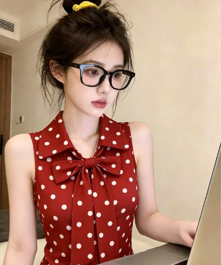 레트로 연인 빨간색 도트 무늬 민소매 여성 셔츠 여름 새로운 나비 매듭 스트랩 패션 출퇴근 연령 감소 맨위