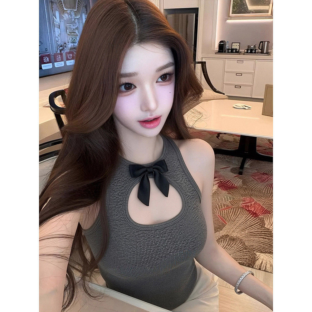 프랑스식 달콤한 핫걸 나비 매듭 홀로우 아웃 작은 슬링 조끼 여성 인사이드 가져 가라. 외출용 여름 몸매 가꾸기 쇼트 스타일 민소매 맨위