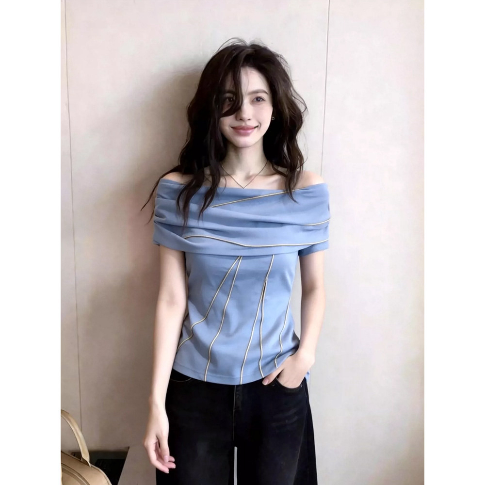 여름 프랑스식 품격 한 단어 오프숄더 반팔 티셔츠 여성 고급 디자인 센스 고유 한 몸매 가꾸기 다용도 파란색 맨위