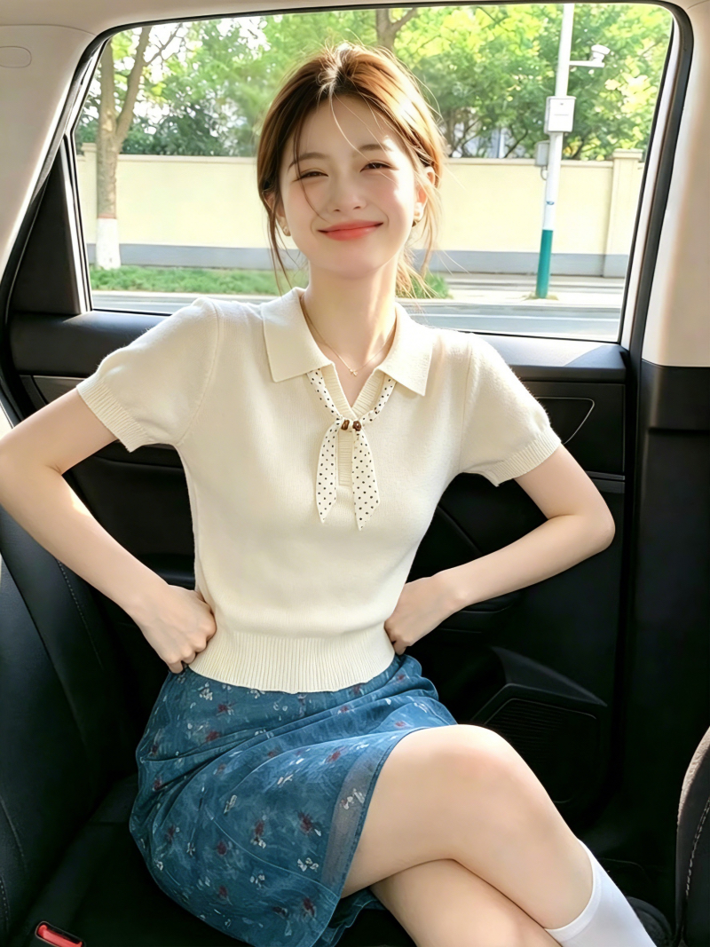 보존 섹션 추천 한 부서 비즈 스카프 POLO 칼라 니트 반팔 여성 여름 새로운 다용도 슬림해 보이는 맨위