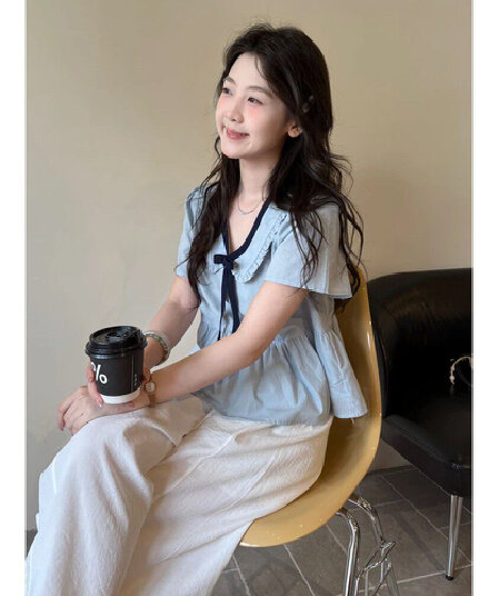 달콤함 배색 베이비 칼라 반팔 여성 셔츠 여름 나비 넥타이 고유 한 아름다운 표지 배 작은 셔츠 맨위