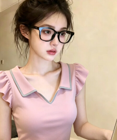 보존 섹션 추천 배색 폴로 칼라 작은 날다 소매 짠 셔츠 여성 여름 새로운 디자인 센스 Chic 몸매 가꾸기 맨위
