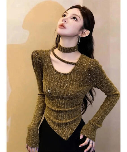 프랑스식 꼬집기 허리 슬림해 보이는 불규칙 광택 실 기본 셔츠 여성 인사이드 가져 가라. 디자인 센스 몸매 가꾸기 긍정적 인 어깨 긴팔 맨위 가을 겨울