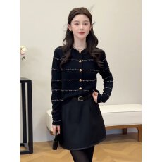 小香风黑色条纹长袖针织开衫女装早秋季毛衣外套宽松休闲气质上衣