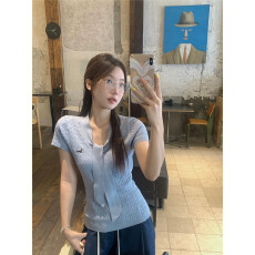 批发围巾领腊肠狗刺绣针织短袖女夏韩系短款百搭<b class='q'>修身</b>显瘦T恤上衣