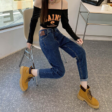 批发实拍 松紧腰<b class='q'>春</b>季外穿老爹牛仔裤女新款弹力时尚大码休闲哈伦长裤