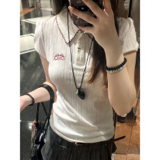批发美式学院风POLO领短袖t恤女甜辣妹短款上衣