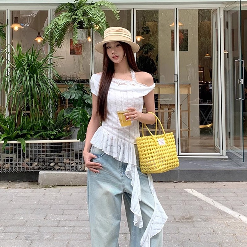 한국 스타일 순수한 욕망 불규칙 레이스 오프숄더 반팔 티셔츠 여성 여름 새로운 몸매 가꾸기 슬림해 보이는 맨위