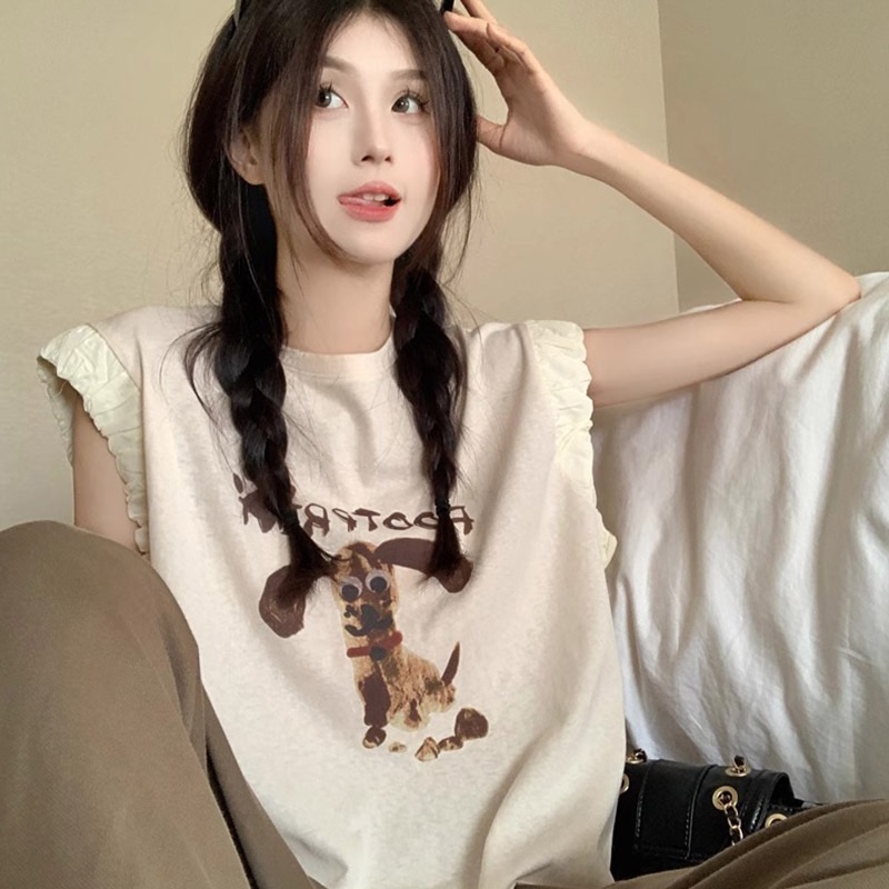 경관 그림 정가 아메리칸 레트로 프린트 반팔 여성 티셔츠 여름 새로운 루즈핏 작은 대중 긍정적 인 어깨 작은 날다 소매 맨위