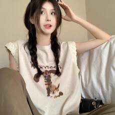 批发官图实价 美式复古印花短袖女t恤夏新款宽松小众正肩小飞袖上衣