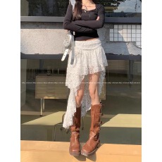 批发不规则蕾丝<b class='q'>半身</b>裙女春季白色蛋糕裙设计感高腰中长裙子