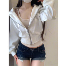 批发美式辣妹短款白色开衫<b class='q'>卫衣</b>女秋季双<b class='q'>拉链</b>设计感纯欲风收腰连帽外套