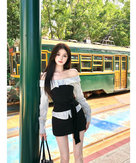 스트랩 패치워크 오프숄더 긴팔 여성 셔츠 배색 스트라이프 디자인 오프숄더 맨위