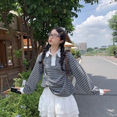 批发馨帮帮 <b class='q'>甜美</b>蕾丝花边撞色polo领条纹长袖T恤2025单穿叠穿翻领卫衣