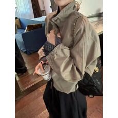 批发休闲立领格子拼接外套短款欧洲2025<b class='q'>秋</b>季新款宽松时尚夹克上衣