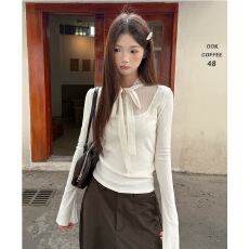 时尚气质蝴蝶结白色内搭长袖衫女2025年秋季修身显瘦小众设计上衣