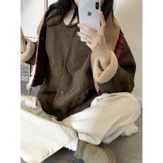 批发两面穿皮毛一体羊羔毛棉服翻领麂皮复古高级感毛毛厚外套秋冬季女