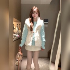 批发韩版甜美两件套可爱立领毛毛马甲背心<b class='q'>女</b>学生叠穿麻花针织<b class='q'>开衫</b><b class='q'>毛衣</b>