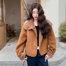 批发超好看皮毛一体两面穿毛毛外套女加厚羊羔毛显瘦上衣短款可立领