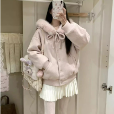 批发蝴蝶结绑带毛领连帽2025毛呢加棉外套<b class='q'>女</b>冬季加厚高级感棉服冬装