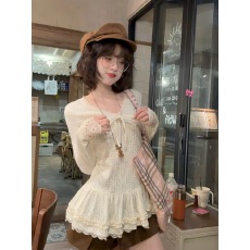 批发韩系甜美蝴蝶结拼接花边长袖<b class='q'>蕾丝</b>衫女秋冬2025新款收腰打底衫<b class='q'>上衣</b>