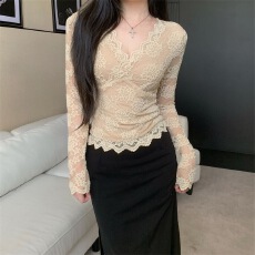 批发时尚性感V领<b class='q'>加绒</b>钩花<b class='q'>加绒</b>蕾丝衫温柔风百搭修身显瘦内搭打底上衣