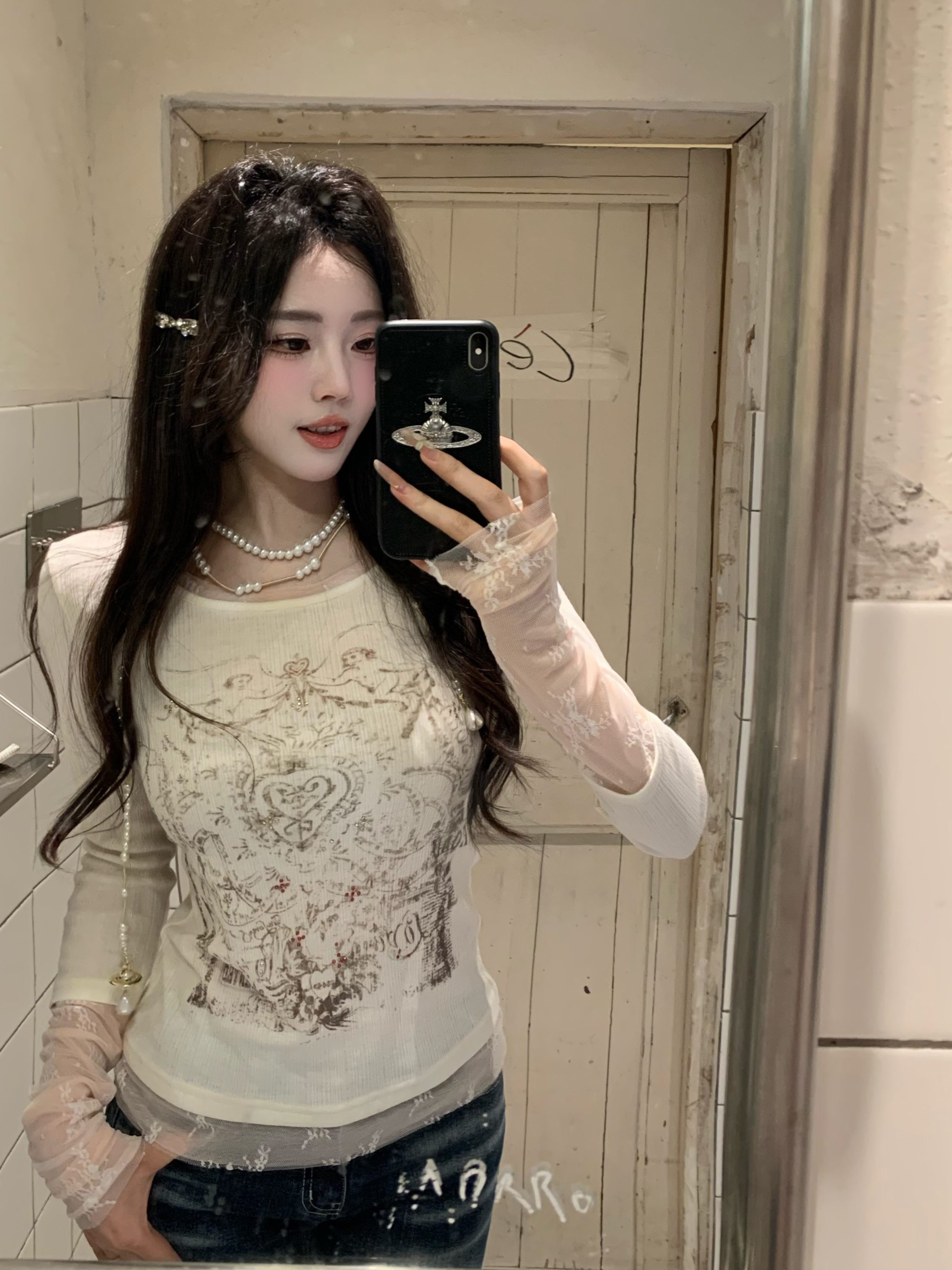 대나무 마디 면 사랑 콩 같은 단락 한 부서 페이크 레이어드 핫픽스 프린트 긴팔 티셔츠 만나는